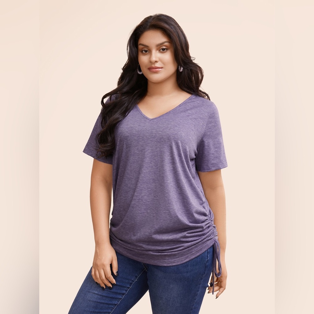BloomChic Plain Roll Sleeve Drawstring Side Ruched Hem T-shirt